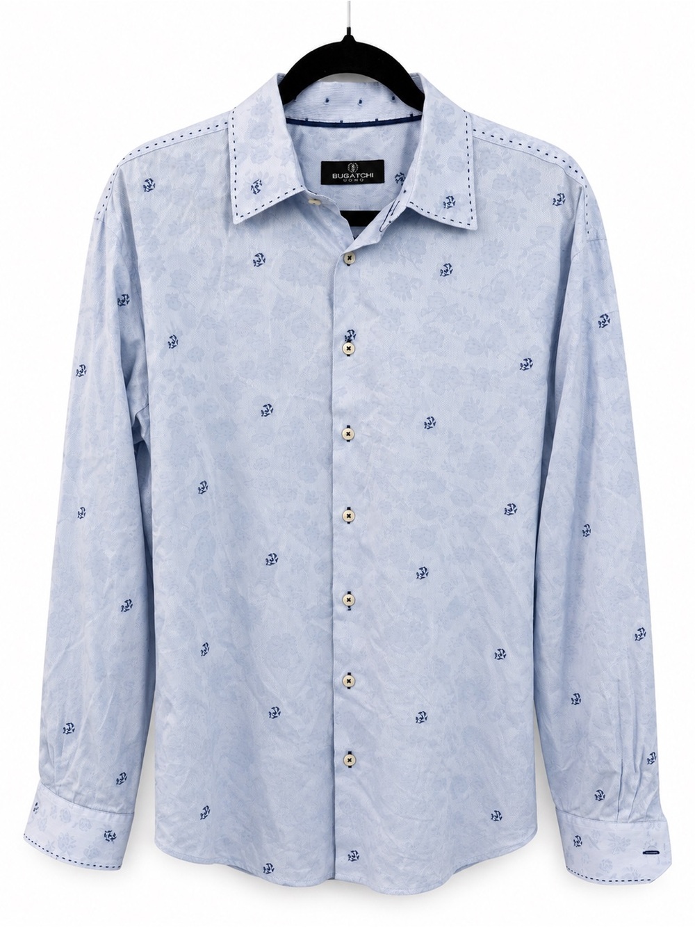 Bugatchi Light Blue Paisley-Print Long Sleeve Shirt with Navy Accents XXL